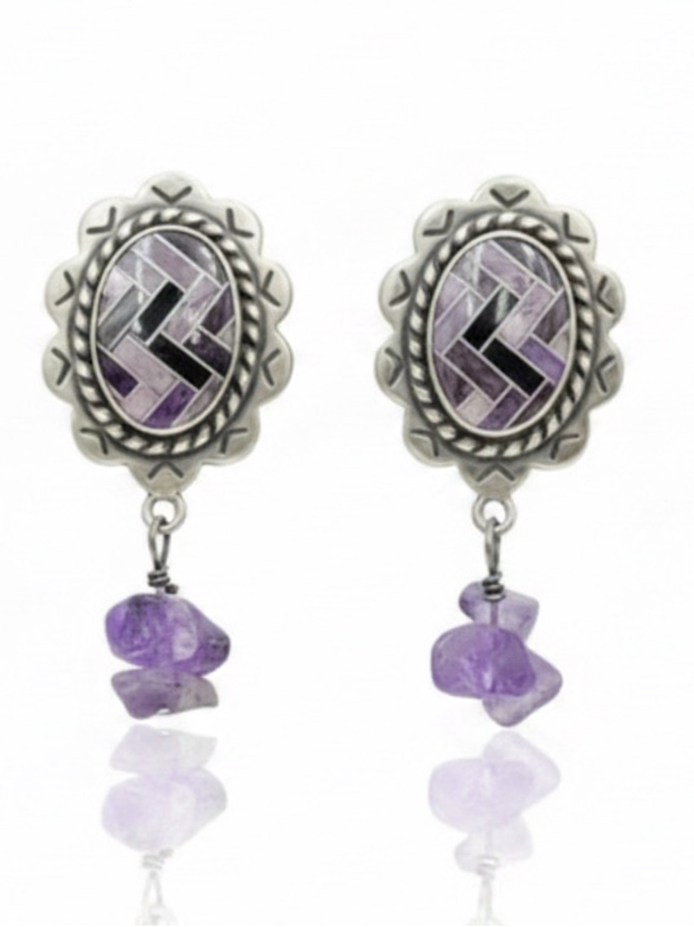 Vintage Carolyn Pollack Relios Sterling Silver Amethyst Mosaic Earrings
